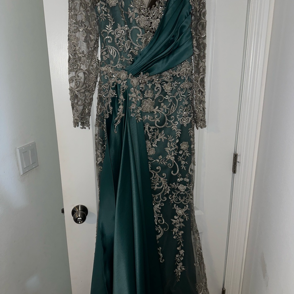 Green And Silver Cowl Neck Wedding Gown